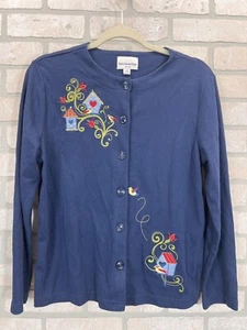 VTG Breckenridge Cardigan Buttoned Jacket Size PM Navy Embroidered Birds Houses - Picture 1 of 9