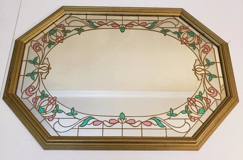 Vintage Stained Glass Octagon Mirror Oak Frame 31 x 21 Pink Blue Green Floral Cover