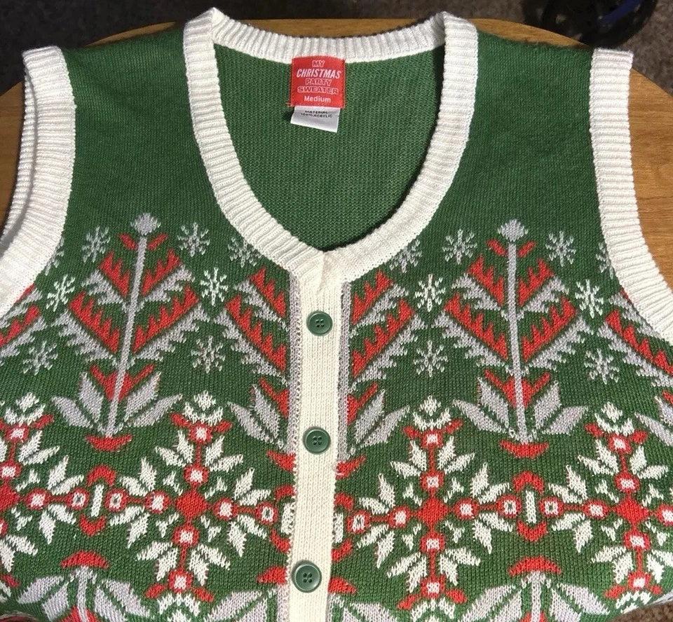 My Christmas Party Sweater Vest Ugly Adult Medium Green Pullover V-neck Nordic - Image 1 of 4