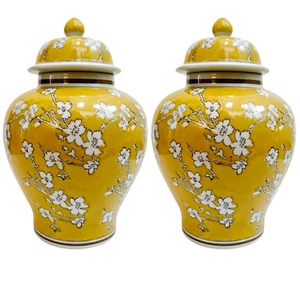 Pair Of Yellow Glaze Scrolling Cherry Blossoms Ginger Jars 12.5" NEW - Picture 1 of 6