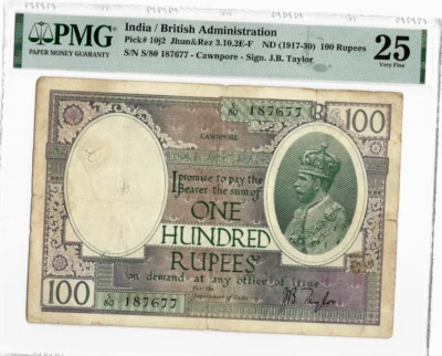 India 100 RUPEES P-10J2 1917-1930 George Taylor RARE PMG 25 CAWNPORE Indian NOTE - Image 1 of 3