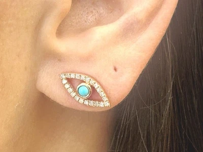 14K Rose Gold Turquoise Evil Eye Diamond Stud Earrings 0.28 Carats  - Image 1 of 4