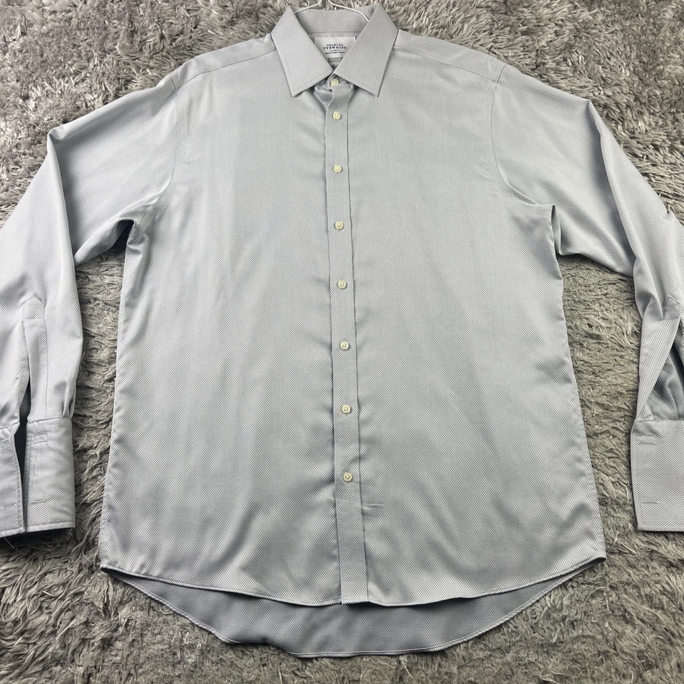 Charles Tyrwhitt Dress Shirt Mens 17 37 Gray Non Iron Diamonds french cuff - Image 1 of 4