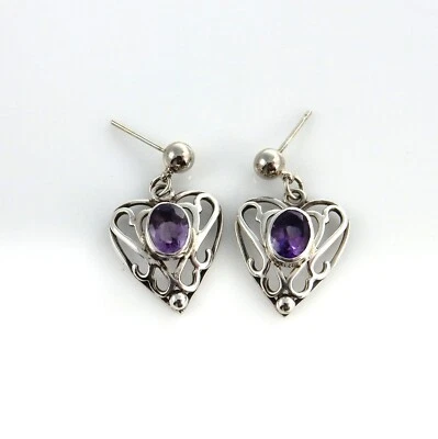 Pendientes de poste de bola de corazón de amatista púrpura de plata de ley únicos hechos a mano Foto 1 de 4