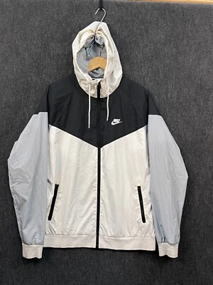 Nike Mens Large Windrunner Windbreaker Jacket White Black Hooded Pockets - Image 1 of 4