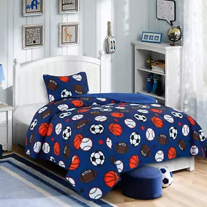 Blue Twin Quilt Set, Football Baseball Print Quilt Set Basketball Sports Soccer - Picture 1 of 9