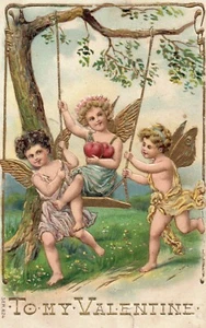 Valentin Postkarte 3 Amor Baumschaukel Gold geprägt 624 - Bild 1 von 2