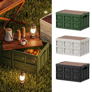 Outdoor Camping Folding Box With Wooden Lid Car Storage Box Food Organizer - Picture 1 of 15