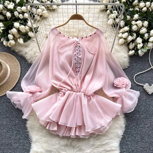 Camisa para mujeres sin hombros mangas largas acampanadas ajustada con volantes de gasa Prendas para el torso de moda - Imagen 1 de 30