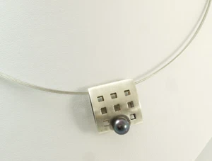 925 Sterlingsilber Anhänger mit schwarzer Perle an Stahlseil 48 cm - Bild 1 von 3