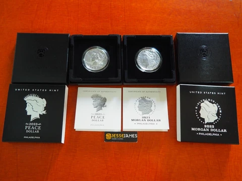 2023 $1 SILVER PEACE & MORGAN DOLLAR WITH BOX/COA 2 COIN SET MINT CODE 23XH 23XE Cover