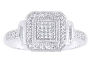 0.10 CTW  & Baguette Natural Diamond Cocktail Ring 925 Sterling Silver - Picture 1 of 4
