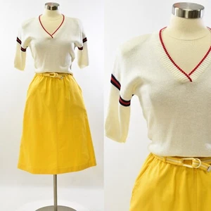 80s Vintage White V Neck Sweater Red Tipped Preppy Top Womens S FIA Italia - Picture 1 of 6