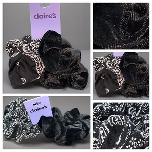 Claire’s 2-Pack Hair Scrunchies Paisley Black/White & Black Velvet NEW IN PACK - Picture 1 of 24