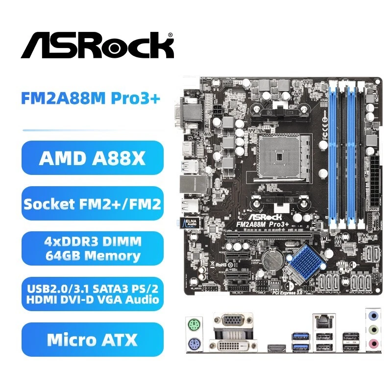 ASRock FM2A88M Pro3+ Motherboard M-ATX AMD A88X FM2+/FM2 DDR3 SATA3 HDMI DVI-D - Image 1 of 4