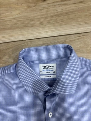 T.M. Lewin Dress Shirt Slim Fit Fitted Mens Sz 16.5 16 1/2 Blue White Plaid Wow - Image 1 of 4