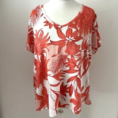 H By Halston Size UK 22/24 Orange White Floral 100% Linen Stretch Top - Image 1 of 4