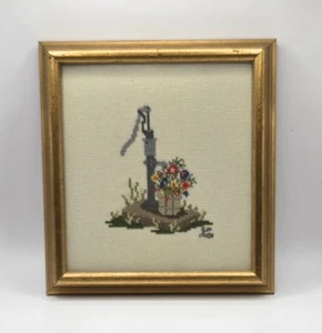 Vintage Cross Stitch Water Well Flower Signed SP 1981 professionally Framed - Picture 1 of 3