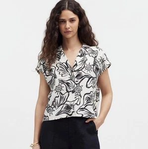 MADEWELL Boxy Cap Sleeve Shirt 100% Linen Black White Abstract Size XS NWT - Picture 1 of 11