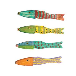 Set stravagante pesce arte popolare quattro legno riciclato multicolore da appendere a parete costiera - Foto 1 di 3
