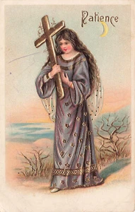 VINTAGE VIRTUE POSTCARD PATIENCE PRETTY WOMAN CARRIES CROSS 1910 GILDED 092924 T - Picture 1 of 2