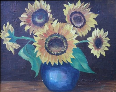 Sonnenblumen in blauer Vase Öl auf Platte um 1920/30 Rahmen 40x35cm - Bild 1 von 4