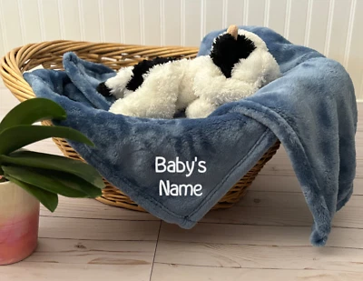Baby Blanket Blue Fleece Throw Customize Baby's Name Embroidered Handmade New - Image 1 of 2