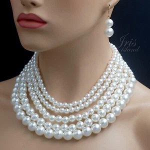 Women White Pearl Multi Layered Strand Necklace Earrings Chunky Jewelry set 0089 - Picture 1 of 9