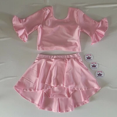 (#527) Age 7/9 Bell Sleeved Bow Back Crop Top/Lyrical Skirted Briefs Baby Pink - Image 1 of 4