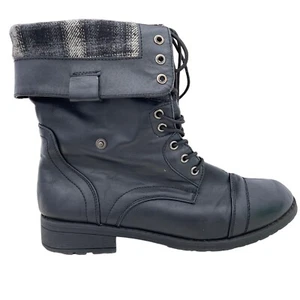 Robert Wayne Black Pleather Cap Toe Fold Top Combat Ankle Boot Womens 8.5 Casual - Picture 1 of 11