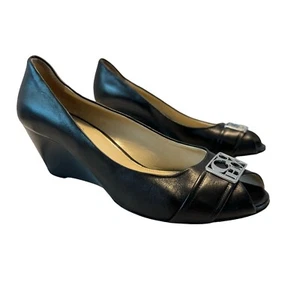 Coach Piper Black Leather Classic Peep Toe Logo Wedge Heels Shoes Women's Size 5 - Picture 1 of 12