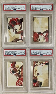 Pegatina Panini 1992 #16,17,18,19 conjunto finales NBA escena de acción Jordan PSA graduado Foto 1 de 4