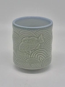 Vintage Celadon Green Glaze Japanese Brush Pot Fish And Waves - Picture 1 of 2