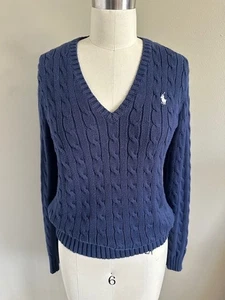 VTG Ralph Lauren Sport Cable Knit Sweater Women L Blue Knit Cotton - Picture 1 of 8