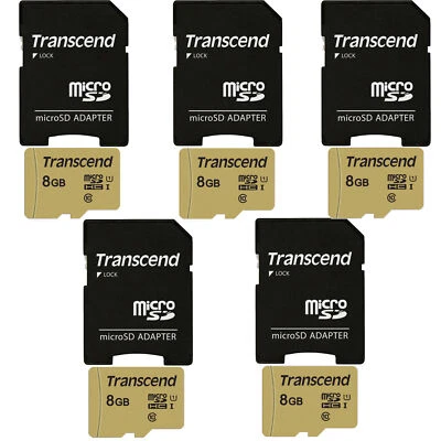 5 Units Transcend 8GB UHS-1 Class 10 micro SD with SD Adapter - Image 1 of 3