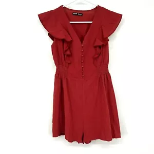 SHEIN Romper Womens Size Small US4 Red Orange V Neck Button Down Ruffle - Picture 1 of 8