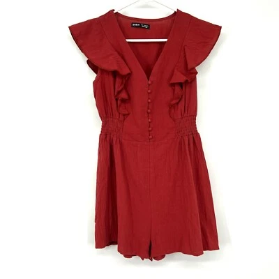 SHEIN Romper Womens Size Small US4 Red Orange V Neck Button Down Ruffle - Image 1 of 4