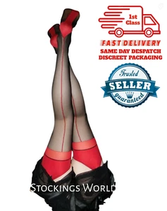 Fully Fashioned Stockings Seamed Bi-Coloured Black and RED SMALL NEW - Picture 1 of 11