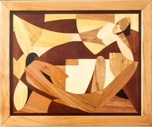 Cubism Love picture wood mosaic marquetry inlay panel boho framed wall decor - Picture 1 of 12