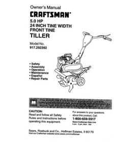 Owner’s Manual Sears Craftsman 5.0 HP 24” Front Tine Tiller -Model 917.292392 - Picture 1 of 3