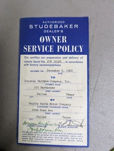 Studebaker Owner Service Policy - Picture 1 of 4