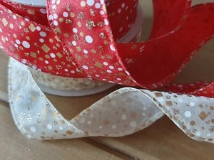 CHRISTMAS RED or CREAM - WHITE AND GOLD PRINTED WIRED RIBBON GLITTERY 1m x 25mm - Picture 1 of 10