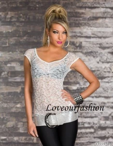 New Lady Summer Laced Front Floral Blouse Top T-shirt Cap Sleeve UK 8 / 10 White - Picture 1 of 10