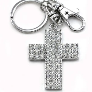 Christian Cross Silver Tone Clear Stones Fashion Key Ring Keychain Car Accessory - Picture 1 of 1