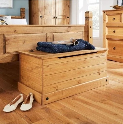 Home Source Solid Pine Wood Ottoman Storage Chest Bedding Box, Natural Finish - Image 1 of 4