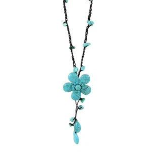 Graziosa Splendida Collana Lunga Turchese Fiore Cera Corda Lariat - Foto 1 di 7