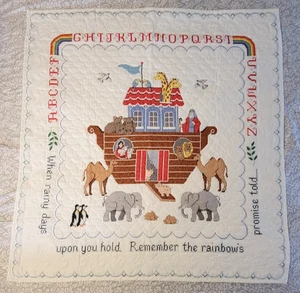 Handmade Baby Crib Blanket Quilt Noah's Ark Cross Stitch Complete 44" x 42" - Picture 1 of 24