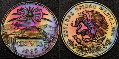 UNC 1965 México 20 Centavos PRECIOSO ARCO IRIS TONIFICACIÓN OBV y Rev (L50-38) Foto 1 de 3
