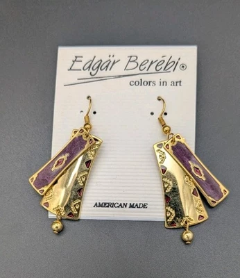 Pendientes colgantes vintage Edgar Berebi tono dorado esmalte púrpura nuevos de stock Foto 1 de 4