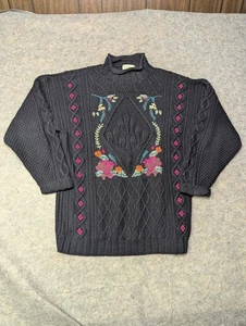 Suéter tejido de algodón negro vintage LL BEAN para mujer talla XL bordado floral años 90’s - Imagen 1 de 6